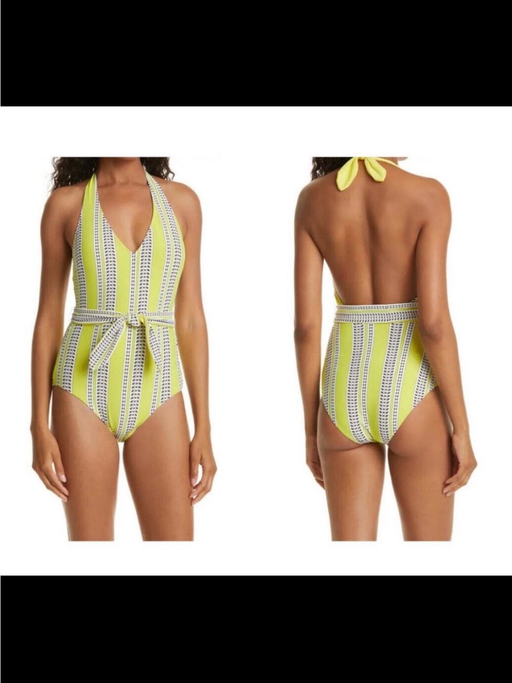 Lemlem Yellow Striped Halter One-Piece Swimsuit with Waist Tie